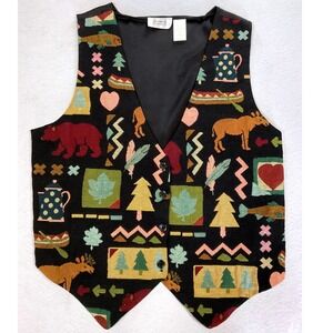 Sostanza Black Novelty Moose Bear Canoe Vest L/XL Vintage 90s